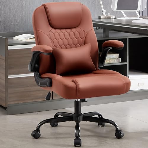Leather Office Chair Swivel Lumbar Support for Short People Brown
