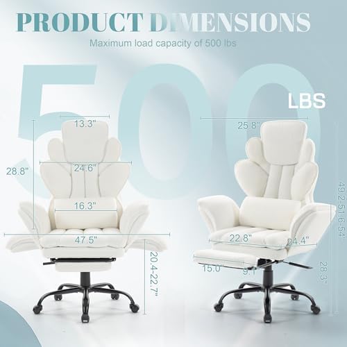 Flip Armrests Criss Cross Office Chair, Reclining Office Chair with Foot Rest, Adjustable Headrest, Massage Waist Pillow, Cross Legged Big and Tall Desk Chair Wide Seat Vanity Chair, White Fabric