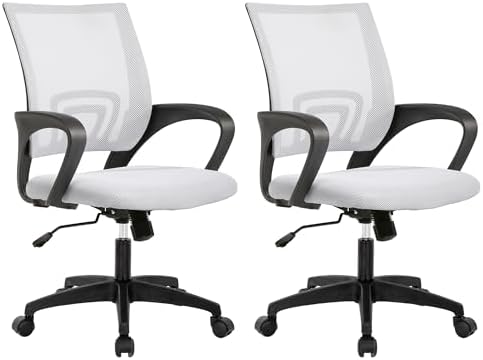 BestOffice | Ergonomic Office Chair | Mid-Back Swivel Desk Chair | Breathable Backrest & Lumbar Support | Adjustable Height | Sponge Seat | Rolling Wheels | White | for Adults & Women | Pack of 2