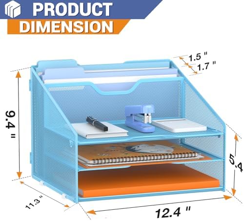 GAWERK Letter Tray Organizer, Mesh Desk File Organizer with 3 Paper Trays and 2 Vertical Upright Section (Blue)