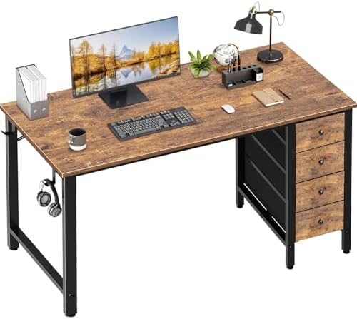 Lufeiya Computer Desk with Drawers - 55 Inch Long Study Work Writing Desk for Home Office Bedroom, Reversible Simple Modern Cute PC Desks with Fabric Drawer, Rustic Brown