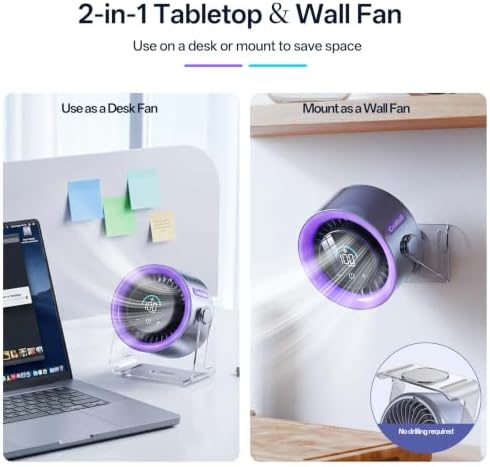 USB Desk Fan for Bedroom: 100 Speeds Digital Display Quiet Portable Fan with Turbo Airflow, 120° Rotating Small Rechargeable Battery Desktop & Wall-Mounted Fans for Bedroom Home Office