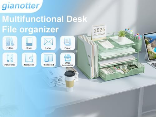 gianotter 4-Tier Desk Organizer with Drawers, File Holders, Letter Trays and Pen Holders - Workspace Accessories for Office Supplies (Sage Green)