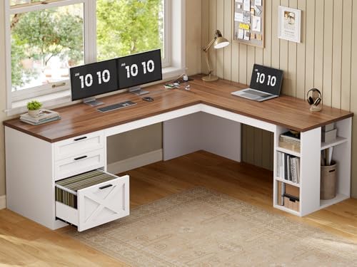 SEDETA 67" Farmhouse Executive L Shaped Desk with 3 Drawers