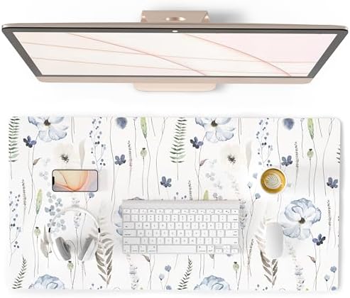 QiyI PU Leather Large Mouse Pad, Office Decor, 31.5" x 15.7", Blue Flowers
