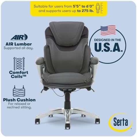 Serta Bryce Executive Office Chair - Ergonomic Computer Desk Chair with Patented AIR Lumbar Technology - Adjustable Height - Memory Foam Body Pillows - 360° Swivel Rolling Base - Bonded Leather - Gray | Bryce, Memory Foam Seat Cushion Desk Chair, Padde...
