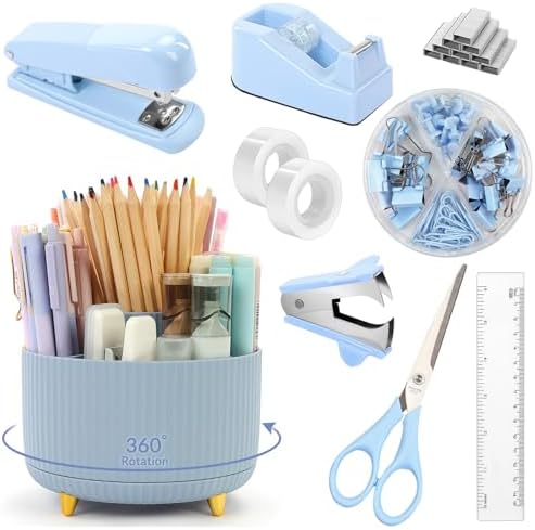 SKYDUE Blue Desk Accessories 11Pcs with Rotating Pen Holder for Desk