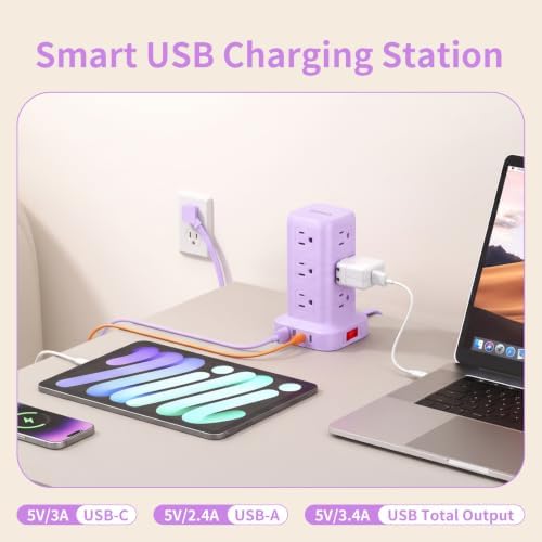 Extension Cord with Multiple Outlets, SMALLRT Power Strip Tower, Outlet Extender with 12 AC Outlets 4 USB, 6.5FT Extension Cord for Home Dorm Room, Office Supplies, Purple