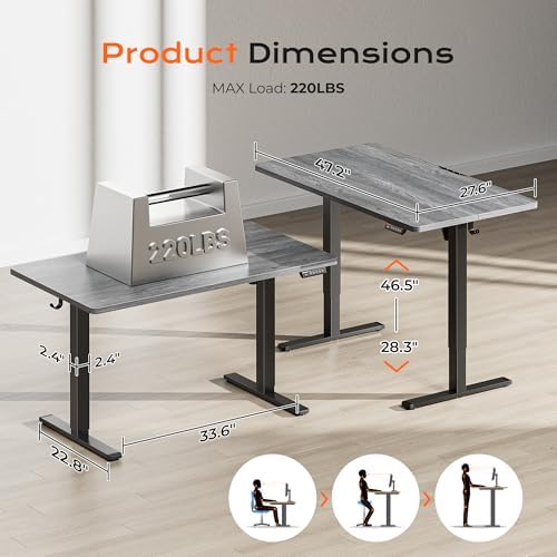 Huuger 48 x 28 Large Electric Standing Desk, Height Adjustable Desk, 27.6" Deep Desktop, Stand up Gaming, 2 Hooks, 3 Preset Heights, for Home Office, Grey
