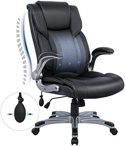 COLAMY High Back Executive Office Chair - Padded Leather Ergonomic Computer Desk Chair with Inflatable Lumbar Support & Flip-Up Arms, Adjustable Tilt Lock Swivel Task Chair for Home Office, Black