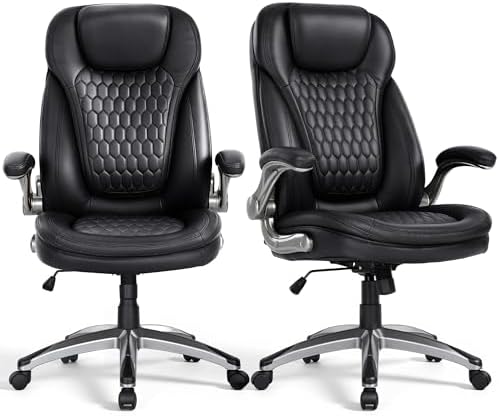 COLAMY High Back Executive Office Chairs, Ergonomic PU Leather Desk Chairs with Flip-Up Armrests, Adjustable Height, Lumbar Support, Comfortable Computer Chairs for Home Office, Set of 2
