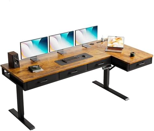 OffiGo 63 Inch L Shaped Electric Standing Desk with 4 Drawers, Rustic Brown