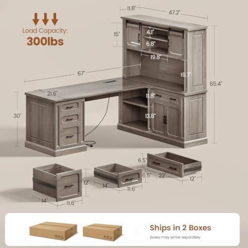 SEDETA 67" Farmhouse Executive L Shaped Desk with Hutch & Storage