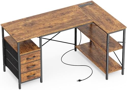Huuger L Shaped Office Desk with Power Outlets & 3 Drawers