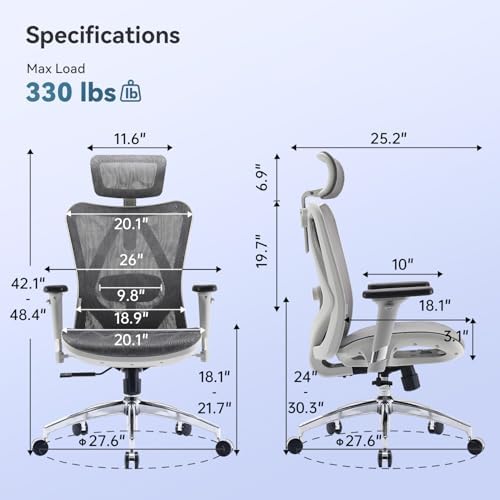 SIHOO M57 Ergonomic Mesh Office Chair, High Back Home Desk Chair with 3D Armrests, Lumbar Support and Adjustable Headrest, Comfortable Computer Chair, Hold 330 LBS-2 Packs-Light Grey