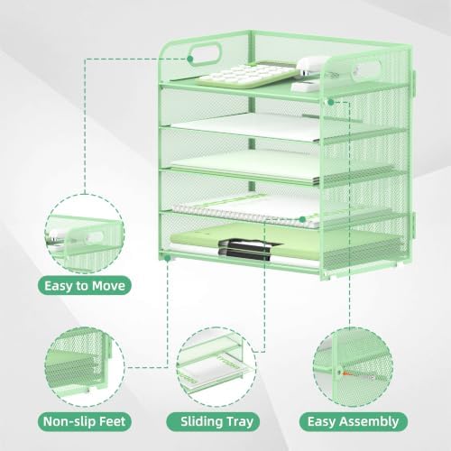 Supeasy 5 Trays Paper Organizer Letter Tray with Handle-Mesh Desk File Holders, Paper Sorter Desk Organizer for Office, Home, Classroom or School(Mint Green)