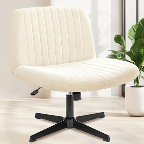NEO Chair Criss Cross Chair No Wheels, Armless Cross Legged Office Desk Chair, Vanity Makeup Fabric Computer Comfy Adjustable Swivel Ergonomic Living Bedroom for Home Office (Fabric Beige)