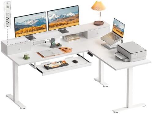 OffiGo 59 Inch L Shaped Electric Standing Desk with Drawers, White