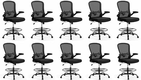 ErGear Drafting Chair, Standing Desk Chair with Flip-Up Armrests, High Desk Chair Adjustable Height, Ergonomic Tall Office Chair with Lumbar Support and Adjustable Footrest Ring,10 Pack