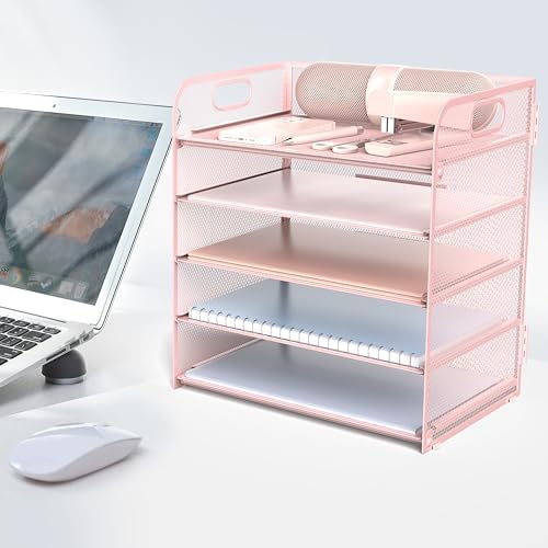 Sinboun Letter Tray Paper Organizer 5-Tier Desk Organizer File Organizer Paper Holder with Handle, Metal Desktop Document Shelf Tray Office Classroom Organization - Pink, PK5CENGTISHOU