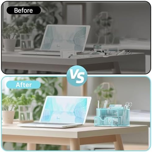 Mesh Desk Organizer with Drawer, 9-Compartment Pen Holder for Desk, Blue