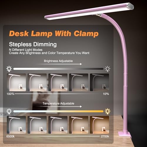 Airlonv LED Desk Lamp with Clamp, 17" Stepless Dimming Light (Pink)