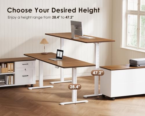 OffiGo 63" L Shaped Electric Standing Desk with Cabinet Sets, Walnut/White