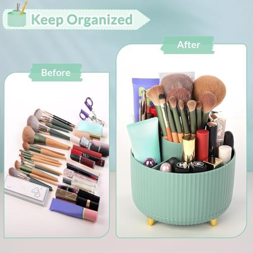 SKYDUE 360 Degree Rotating Desk Organizer, Dual-Purpose Pencil Pen Holder for Desktop, Rotating Desk Pen Organizer with 5 Slots, Pencil Cup for School, Home, Office Supplies (Bean Green)