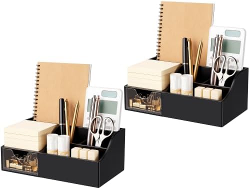 HBlife Acrylic Desk Organizer with Drawer, Pen & Pencil Holder, Multifunctional Desktop Caddy for Office Supply and Organization (Black, 2 Pack)