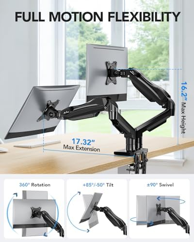 HUANUO Dual Monitor Stand, Fully Adjustable Gaming Monitor Desk Mount for 13–27″ Computer Screens, Full Motion VESA 75x75/100x100 with C-Clamp & Grommet Base, Each Arm Holds 4.4 to 19.8 lbs