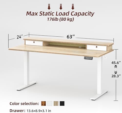 TIQLAB Standing Desk with Two Drawers, Stand Up Standing Desk Adjustable Height, Electric Sit Stand Table with Storage Shelf and Splice Board, 63 * 24 inch, Maple