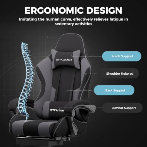 GTPLAYER Gaming Chair, Computer Chair with Footrest and Lumbar Support, Height Adjustable Game Chair with 360°-Swivel Seat and Headrest and for Office or Gaming (Darkgray, Fabric)