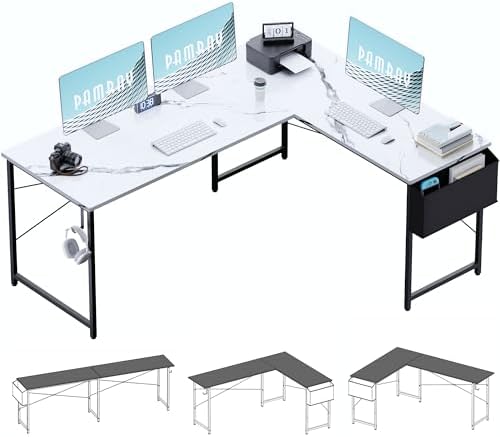 Pamray 64.5 Inch Reversible L Shaped Gaming Desk Large Corner Computer Desk with Storage Bag Home Office Table for Writing Study Marble