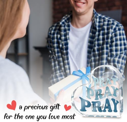Blue Religious Christian Decor for Woman, Blue Heart Shape Gift for Birthday Dorm Living Room Church Table Desk Bookshelf, Office Accessories Decoration Art Sign, Pray Through It, Valentines Day Decor