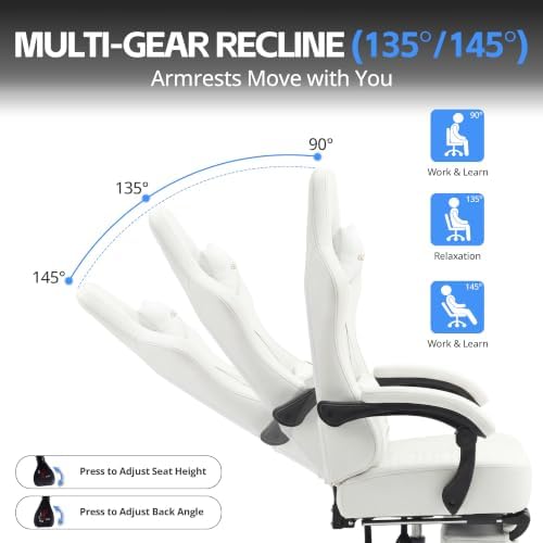 Desk Computer Gaming Chair - Ergonomic Game Office Chair with Extended Footrest and Massage Lumbar Support, Home Gamer Video Game Chairs with Spring Cushion for Adults (Pro White Leather)