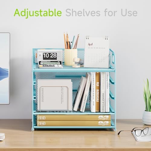 Cawukege 2 Pack 5 Tier Paper Organizer, Letter Tray with Handle, Mesh Desk Organizer, Metal File Organizer, Office Desk Accessories for Home, Office, Classroom, School -Blue
