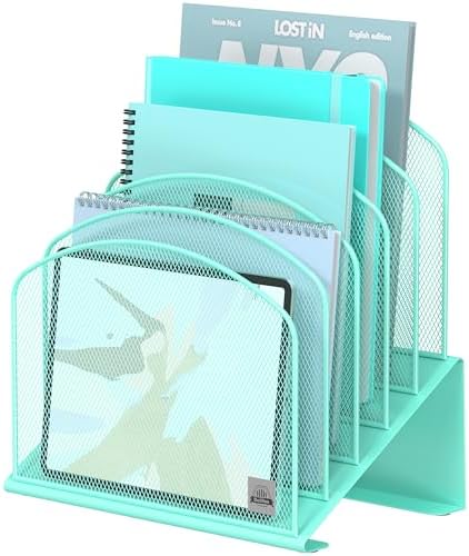 Delifox Inclined Desk File Organizer,Vertical File Folder Holder Stand Metal Rack File Sorter for Office Classroom Desktop Organization (1, Aqua, 5)