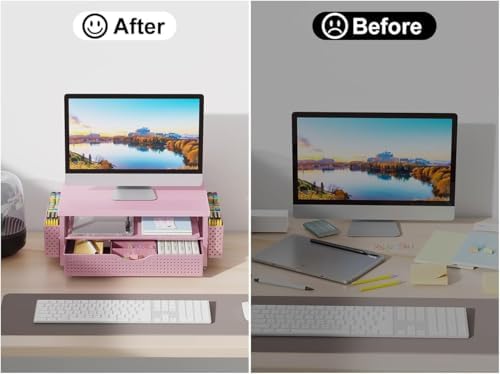 gianotter Desk Organizers and Accessories, Monitor Stand with Drawer and 2 Pen Holder, Desktop Organizer Suitable for Offices and Dormitories (Matte Pink)