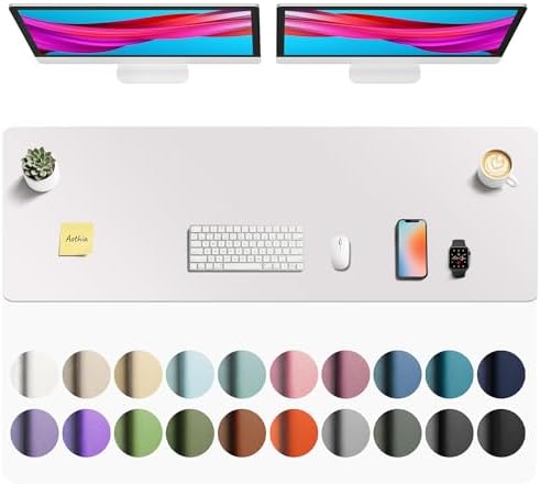 Aothia Faux Leather Desk Mat - Non-Slip PU Leather Desk Blotter, Waterproof Writing Surface, Large Desk Pad for Office & Home (Pale Lavender White, 55" x 17")