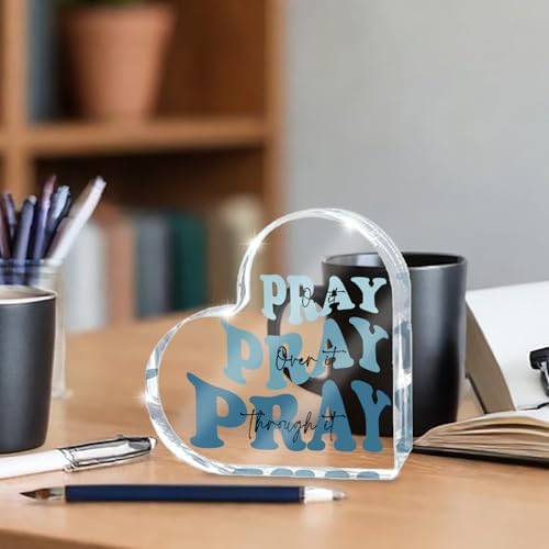 Blue Religious Christian Decor for Woman, Blue Heart Shape Gift for Birthday Dorm Living Room Church Table Desk Bookshelf, Office Accessories Decoration Art Sign, Pray Through It, Valentines Day Decor