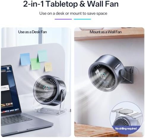 USB Desk Fan for Bedroom: 100 Speeds Digital Display Quiet Portable Fan with Turbo Airflow, 120° Rotating Small Rechargeable Battery Desktop & Wall-Mounted Fans for Bedroom Home Office (Black)