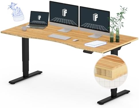 FLEXISPOT E6 Bamboo 3-Stage Dual Motor 60 x 30 Electric Standing Desk Sit Stand Up Desk, Holds 220 lbs, Adjustable Height w/Memory Presets, Solid Bamboo Curved Desktop & Black Frame, Ships in 2 Boxes