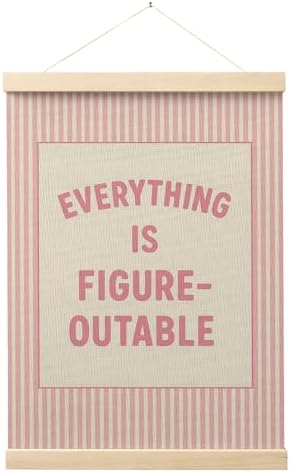 FGFK Preppy Pink Everything Is Figureoutable Inspirational Wall Art Poster Hanger Frame, Girly Pink Striped Positive Affirmations Canvas Prints Framed Wall Decor for Girls Bedroom Dorm, 12x16 Inch
