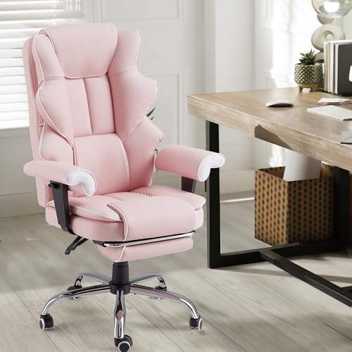 HOMREST 6-Point Massage Executive Chair,Heat Office Chair,Ergonomic Home Office Desk Chairs with Retractable Footrest and Reclining Function,Leather Computer Chair with Adjustable Armrest(‌Pink)
