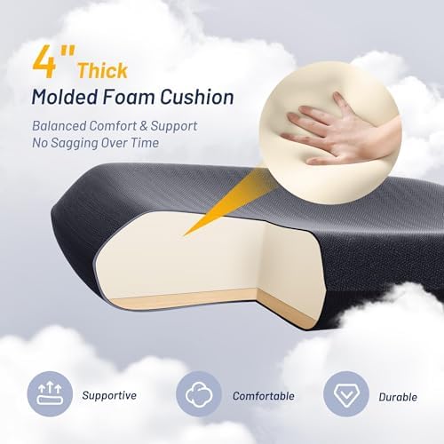Office Desk Chair for Long Hours & Lower Back Pain Relief – 4“ Thick Molded Foam Cushion, Enhanced Lumbar Support, Padded Flip-up Armrests, Ideal for Office or Study, Black