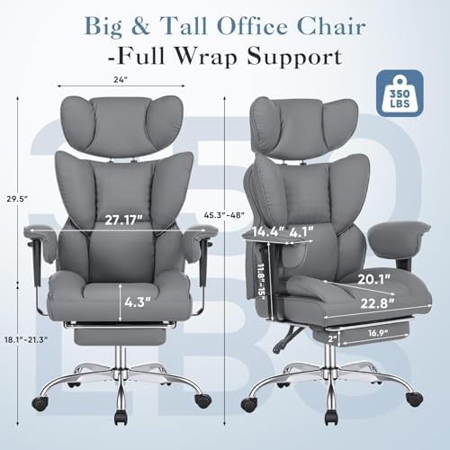 Big and Tall Office Chair 350 LBS, Scratch-Resistant PU Leather Executive Office Desk Chair with Footrest, Ergonomic Reclining Computer Chair with Pocket Spring Support for Home Office, Grey