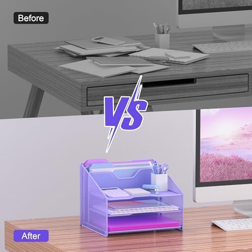 Samstar Purple Desk File Organizer, Mesh Letter File Folder Holder with 3 Paper Trays and 2 Vertical Upright Section, for Office Supplies, Desk Accessories & Workspace, Purple