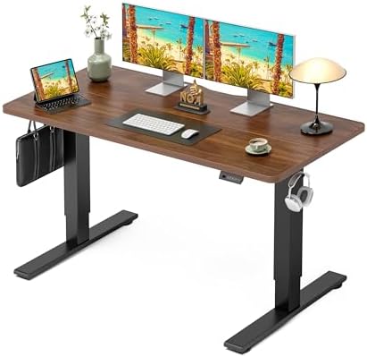 CubiCubi Electric Standing Desk 55 x 24 Inch, Height Adjustable Sit Stand Desk with Memory Presets, Splice Desktop Computer Desk for Home Office, Black Frame/Dark Walnut Top