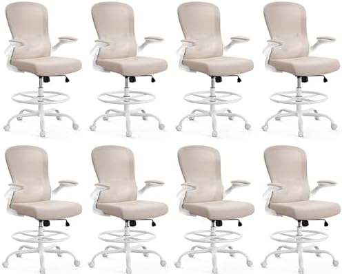 ErGear Drafting Chair,Tall Office Chair with Flip-Up Armrests, High Desk Chair Adjustable Height and Adjustable Footrest Ring, Ergonomic Standing Desk Chair with Lumbar Support, Khaki,8 Pack