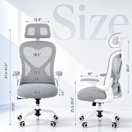 Ergonomic Office Chair for Long Hours – Back & Neck Pain Relief, Virgin Foam Seat, 3D Adjustable Headrest, 2D Lumbar, Flip-Up Arms, Gray/Sliver